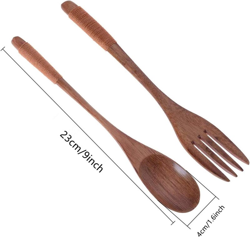 XMHF Wooden Spoons Forks Set Kitchen Tableware Dinnerware Flatware Natural Wood Cutlery Wooden Dinner Utensil Set 2 Spoons and 2 Forks Brown Black Tied Line - Image 2