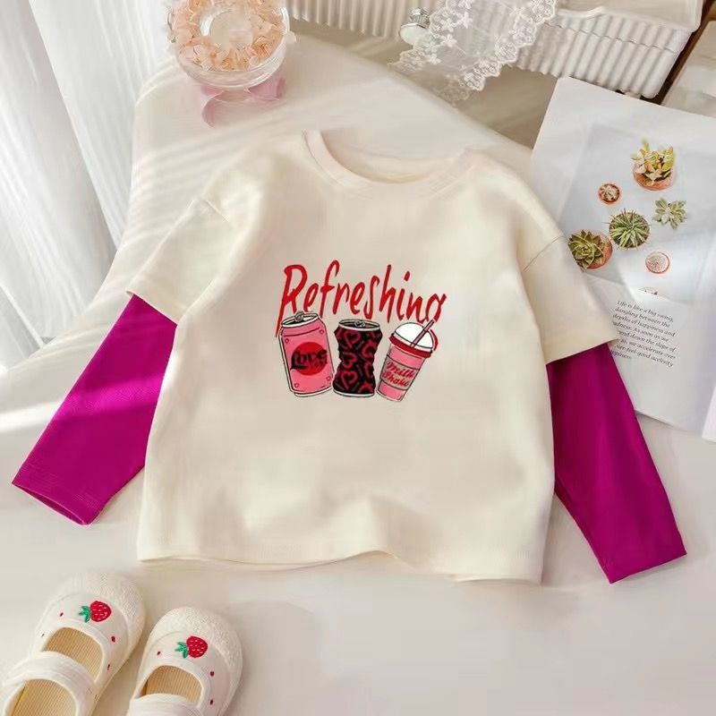 Girls' T-shirt 2024 Spring and Autumn New Children's Cartoon Casual Fake Two-piece Top Baby Styish Loose Clothes - Image 3