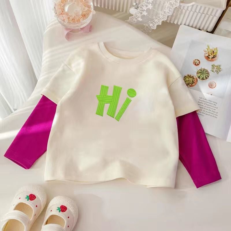 Girls' T-shirt 2024 Spring and Autumn New Children's Cartoon Casual Fake Two-piece Top Baby Styish Loose Clothes - Image 4
