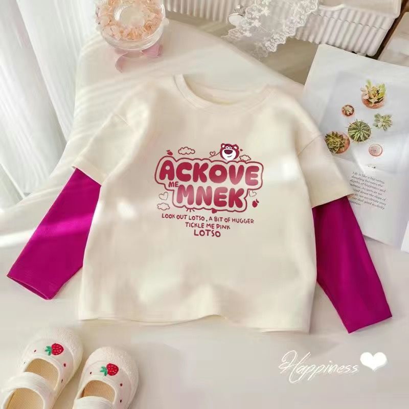 Girls' T-shirt 2024 Spring and Autumn New Children's Cartoon Casual Fake Two-piece Top Baby Styish Loose Clothes - Image 1