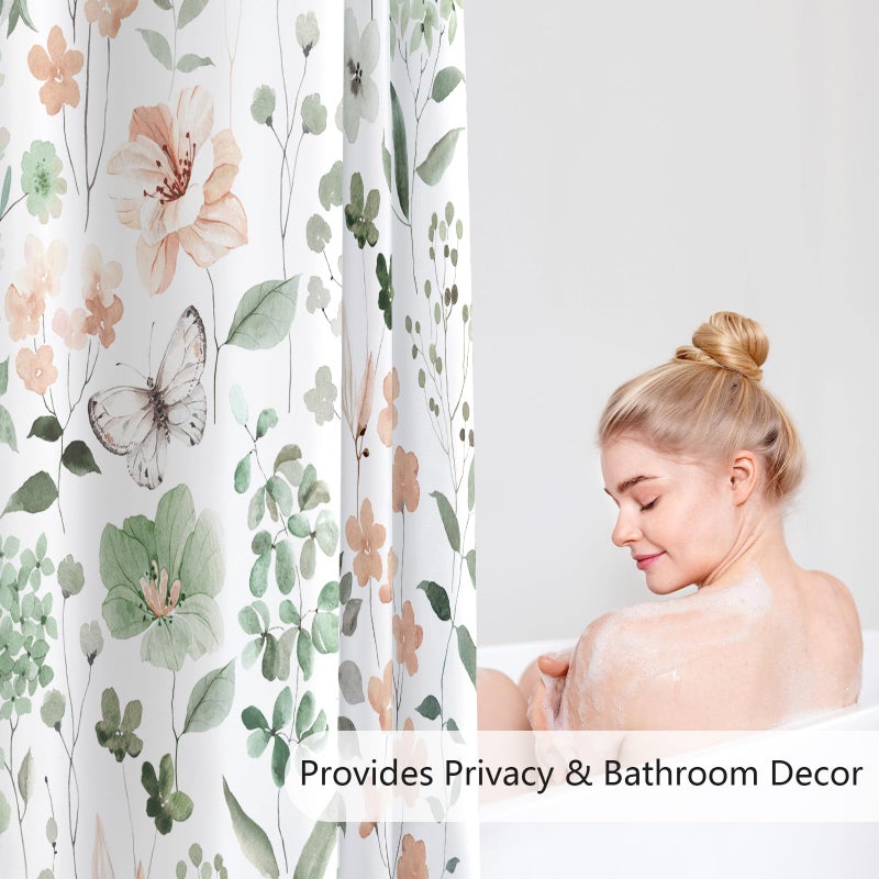 MAYZUS Cute Floral Shower Curtain, Sage Green Flower Fabric Shower Curtains for Bathroom, Spring Summer Wildflower Butterfly Cloth Shower Curtain Set with Hooks, 72x72 - Image 3