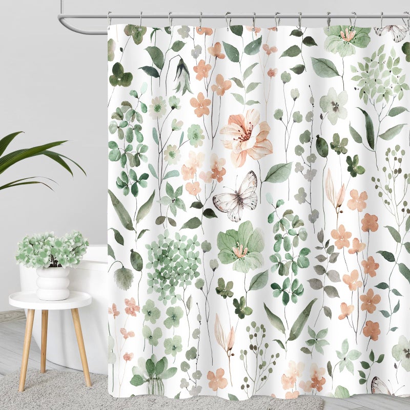 MAYZUS Cute Floral Shower Curtain, Sage Green Flower Fabric Shower Curtains for Bathroom, Spring Summer Wildflower Butterfly Cloth Shower Curtain Set with Hooks, 72x72 - Image 1