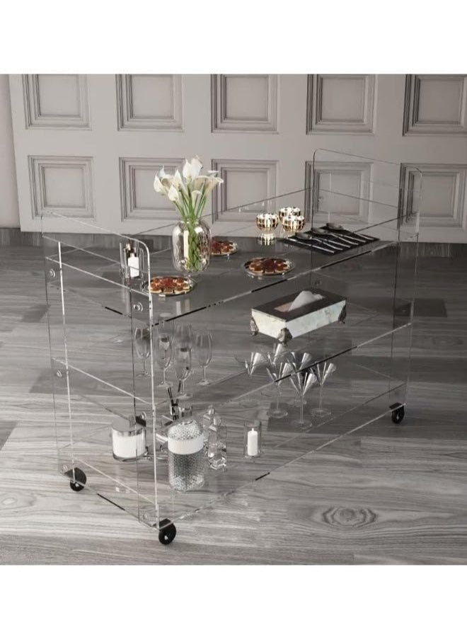 سلاسة عربة بوفيه شفافة أنيقة 90×70×40 سم – عربة تقديم من الأكريليك بثلاث طبقات بتصميم عصري واسع مع عجلات ناعمة للمناسبات والحفلات والمنزل - Image 1