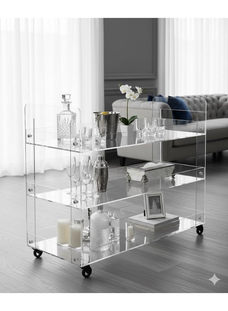 Slasa Elegant Transparent Buffet Trolley 90×70×40 cm – 3 Tier Acrylic Serving Cart with Spacious Modern Design, Smooth Rolling Wheels for Events, Parties, Home, Dining & Kitchen Use - Image 4