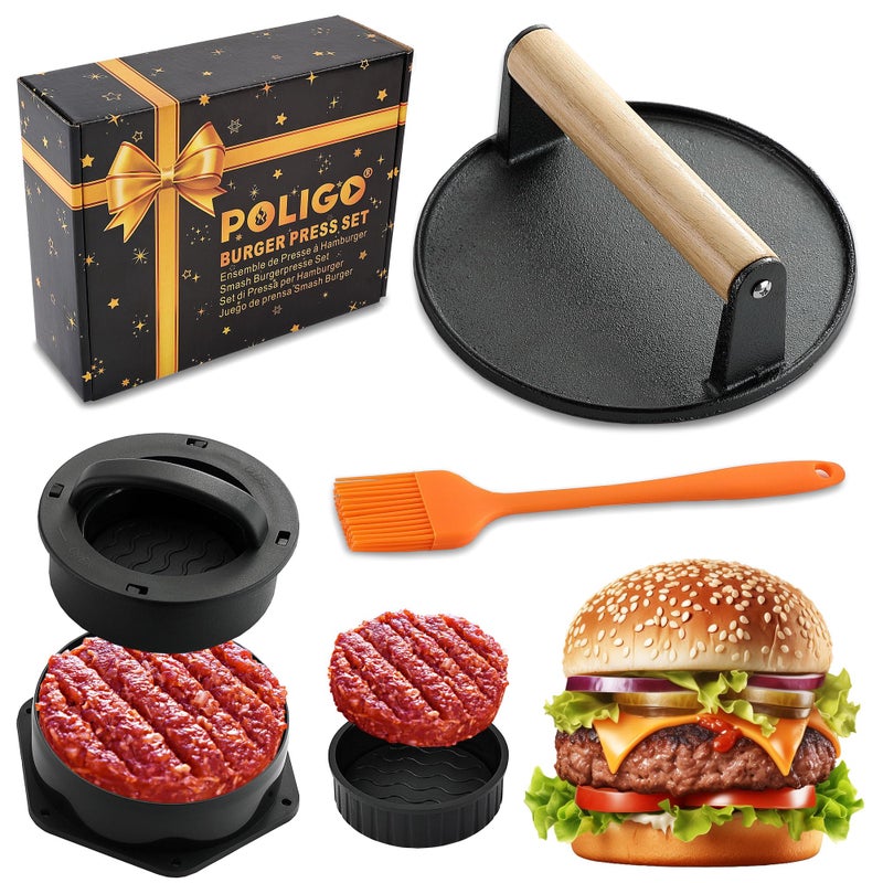 POLIGO Smash Burger Press Kit - 4 in 1 Hamburger Patty Storage Containers, 6.69" Cast Iron Smash Bacon Press - Non Stick Smash Burger Press Set for Grill and Griddle Cooking, Round - Image 1