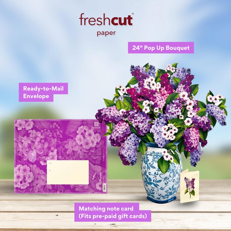 Freshcut Paper Pop Up Cards, Grande Garden Lilacs, 18 Inch Life Sized Forever Flower Bouquet 3D Popup Greeting Card, Birthday Cards, Thank You Card, Blank Notecard & Envelope - Image 3