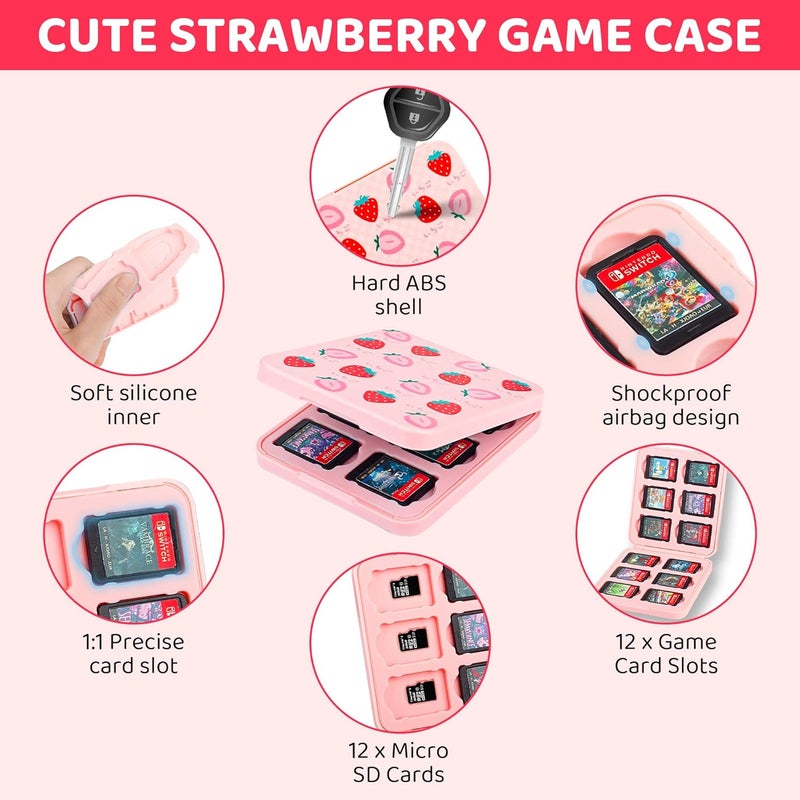 GLDRAM Pink Strawberry Carrying Case Bundle for Nintendo Switch Accessories, Cute Travel Case Kit with Soft TPU Cover, Game Case, Glass Screen Protector, Thumb Grip Caps, Shoulder Strap for Girls - Image 5