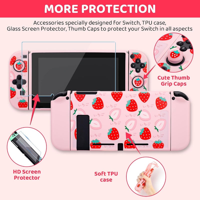 GLDRAM Pink Strawberry Carrying Case Bundle for Nintendo Switch Accessories, Cute Travel Case Kit with Soft TPU Cover, Game Case, Glass Screen Protector, Thumb Grip Caps, Shoulder Strap for Girls - Image 4