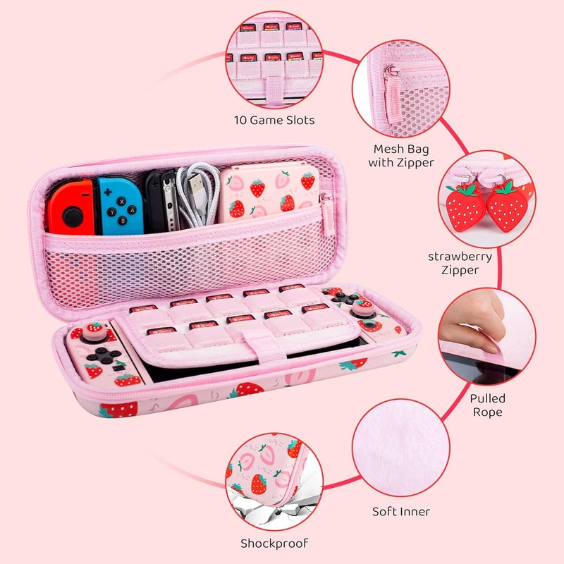 GLDRAM Pink Strawberry Carrying Case Bundle for Nintendo Switch Accessories, Cute Travel Case Kit with Soft TPU Cover, Game Case, Glass Screen Protector, Thumb Grip Caps, Shoulder Strap for Girls - Image 2