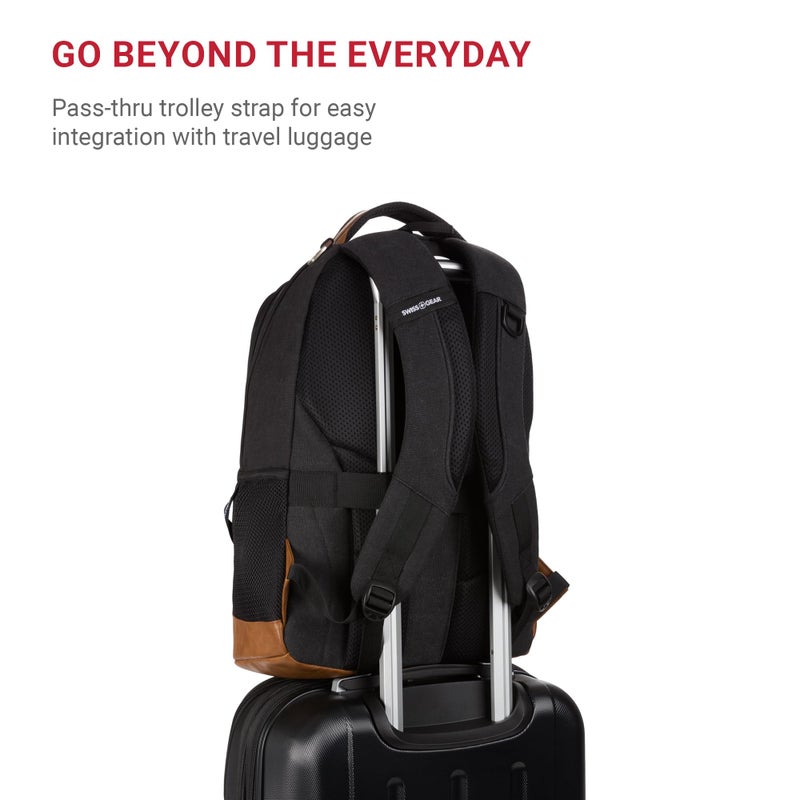 SWISSGEAR حقيبة ظهر لابتوب SWISSGEAR سيسيل 18 بوصة تناسب لابتوب 16 بوصة، حقيبة سفر يومية مع جيوب تنظيمية، حوامل زجاجات ماء وأحزمة مبطنة - قماش أسود/بني - Image 4