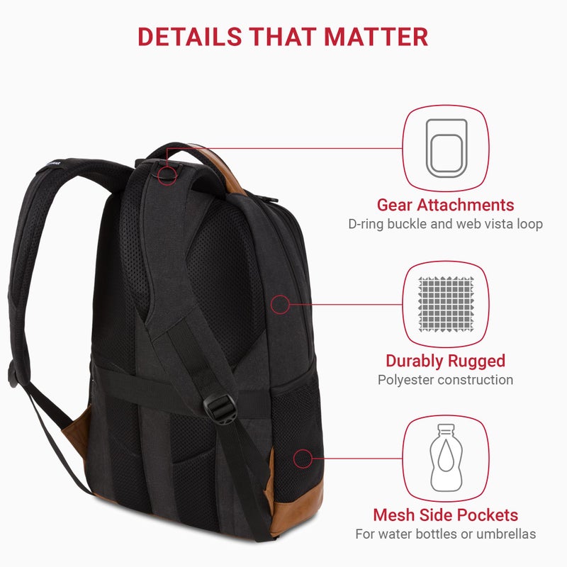 SWISSGEAR حقيبة ظهر لابتوب SWISSGEAR سيسيل 18 بوصة تناسب لابتوب 16 بوصة، حقيبة سفر يومية مع جيوب تنظيمية، حوامل زجاجات ماء وأحزمة مبطنة - قماش أسود/بني - Image 3