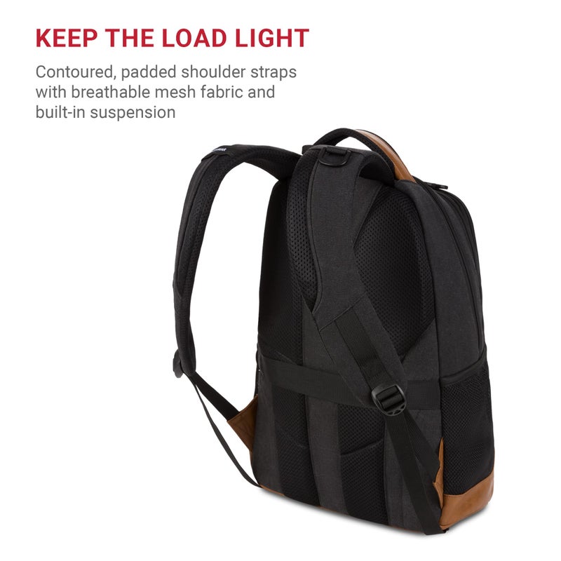 SWISSGEAR حقيبة ظهر لابتوب SWISSGEAR سيسيل 18 بوصة تناسب لابتوب 16 بوصة، حقيبة سفر يومية مع جيوب تنظيمية، حوامل زجاجات ماء وأحزمة مبطنة - قماش أسود/بني - Image 5