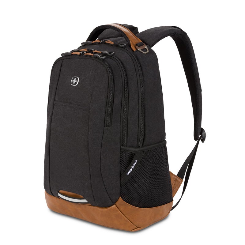 SWISSGEAR حقيبة ظهر لابتوب SWISSGEAR سيسيل 18 بوصة تناسب لابتوب 16 بوصة، حقيبة سفر يومية مع جيوب تنظيمية، حوامل زجاجات ماء وأحزمة مبطنة - قماش أسود/بني - Image 1