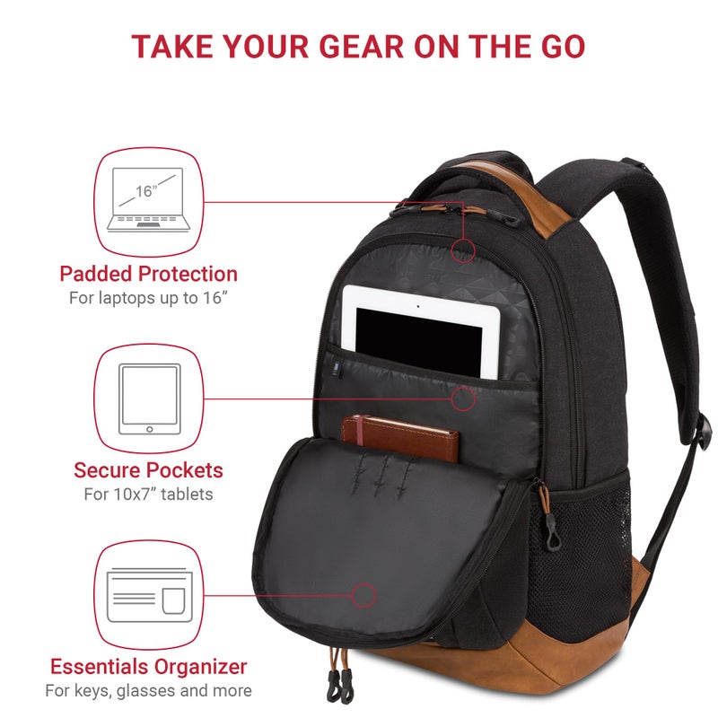 SWISSGEAR حقيبة ظهر لابتوب SWISSGEAR سيسيل 18 بوصة تناسب لابتوب 16 بوصة، حقيبة سفر يومية مع جيوب تنظيمية، حوامل زجاجات ماء وأحزمة مبطنة - قماش أسود/بني - Image 2