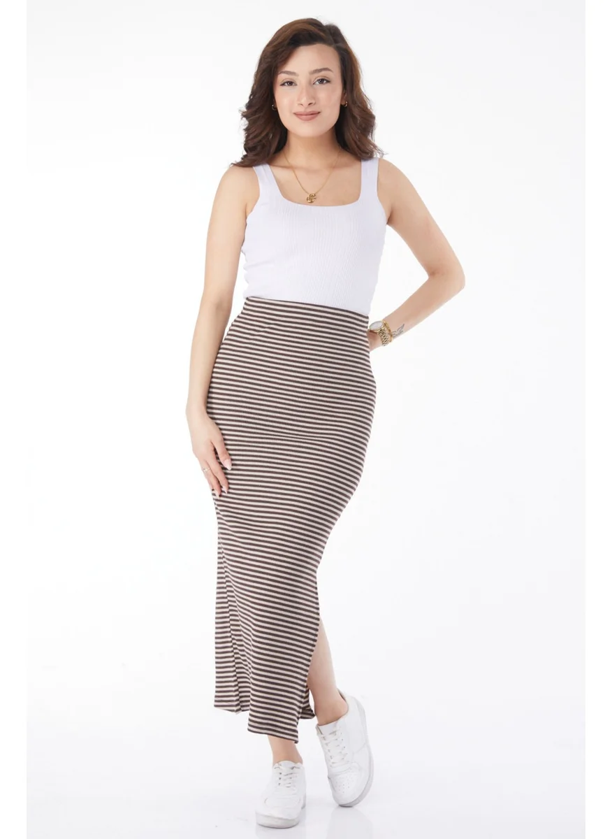 Tofisa 24664-BROWN Striped Slit Skirt