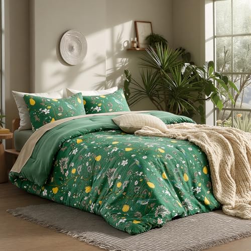 MUSSEL Queen Size Comforter Set 3 Pieces,Green Vintage Botanical Floral Pattern Bedding Comforter Sets,Boho Whimsical Modern Printed Design Cute Seersucker Bedroom Comforter and Shams - Image 2