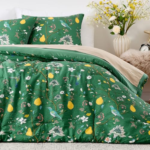 MUSSEL Queen Size Comforter Set 3 Pieces,Green Vintage Botanical Floral Pattern Bedding Comforter Sets,Boho Whimsical Modern Printed Design Cute Seersucker Bedroom Comforter and Shams - Image 1
