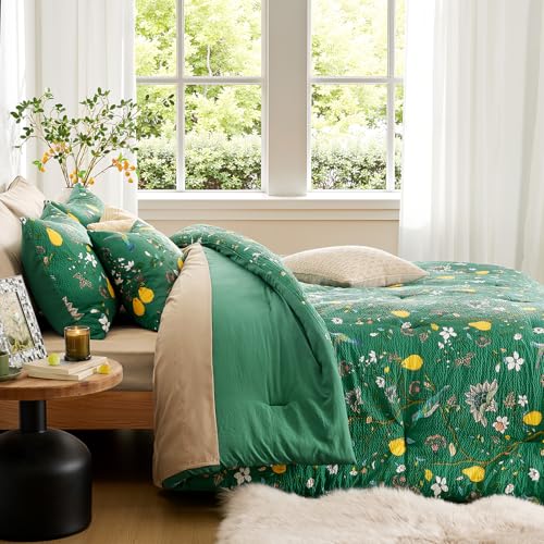 MUSSEL Queen Size Comforter Set 3 Pieces,Green Vintage Botanical Floral Pattern Bedding Comforter Sets,Boho Whimsical Modern Printed Design Cute Seersucker Bedroom Comforter and Shams - Image 5