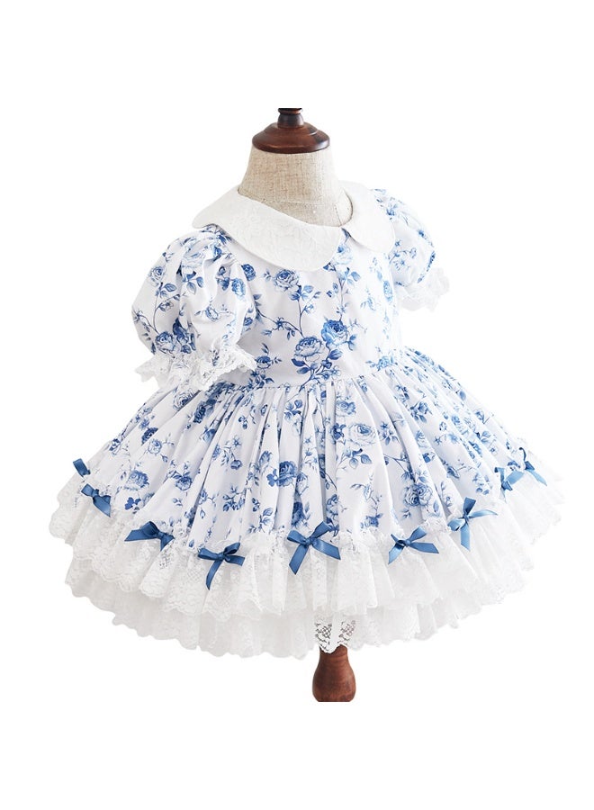 Stylish Two-Piece White Cotton Dress with Blue Flowers for Girls - Image 5