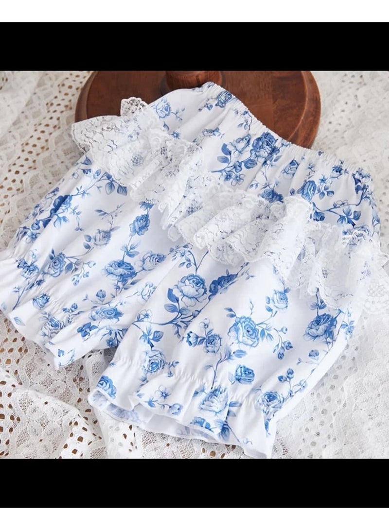 Stylish Two-Piece White Cotton Dress with Blue Flowers for Girls - Image 1