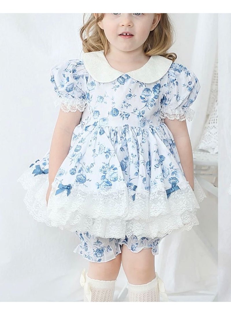 Stylish Two-Piece White Cotton Dress with Blue Flowers for Girls - Image 3