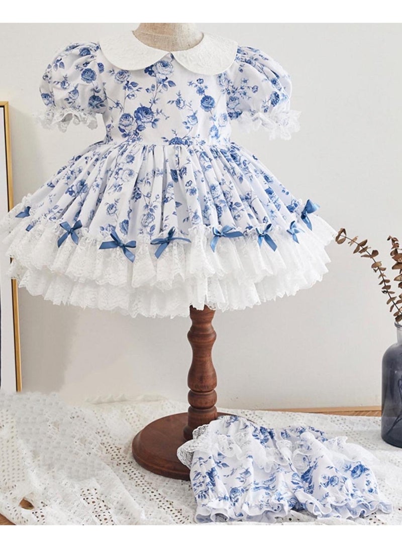 Stylish Two-Piece White Cotton Dress with Blue Flowers for Girls - Image 4