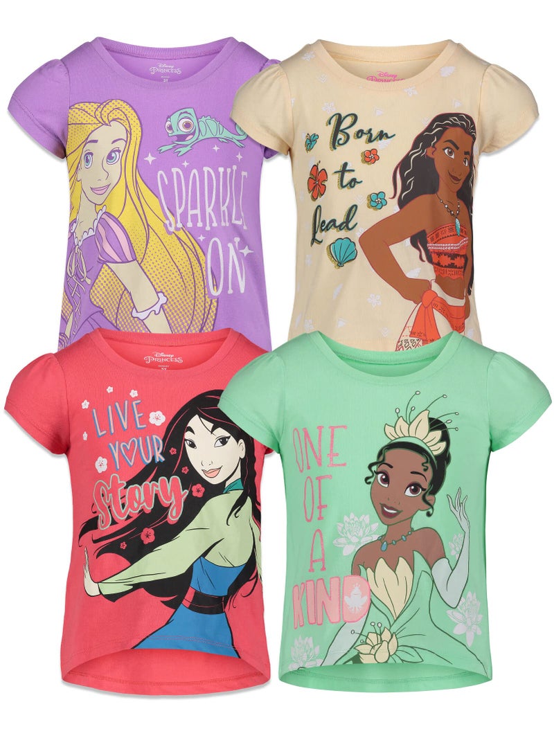 Disney Princess Mulan Tiana Rapunzel Moana Toddler Girls 4 Pack T-Shirts 4T - Image 1