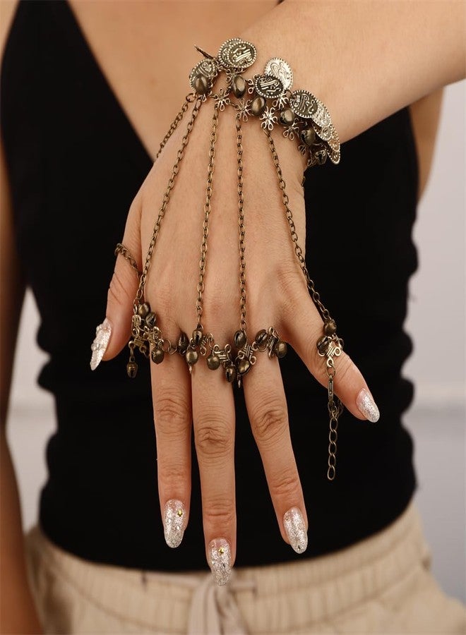 Aimimier Boho Coins Link Hand Chain Bracelet with 5 Finger Rings Vintage Metal Bells Belly Dance Bracelets Halloween Costume Accessory for Women (Gold) - Image 3