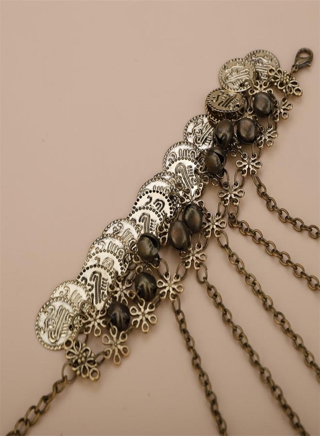 Aimimier Boho Coins Link Hand Chain Bracelet with 5 Finger Rings Vintage Metal Bells Belly Dance Bracelets Halloween Costume Accessory for Women (Gold) - Image 5