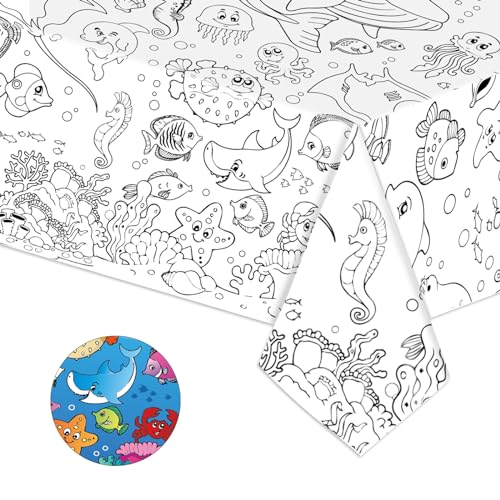 LDFDRT Coloring Tablecloth Giant Table Cloths Under The Sea 1 Pack Paper Coloring Poster 54x108 Inch Crafts for Kids Oceans Animal Table Cover for School Parties - Image 1