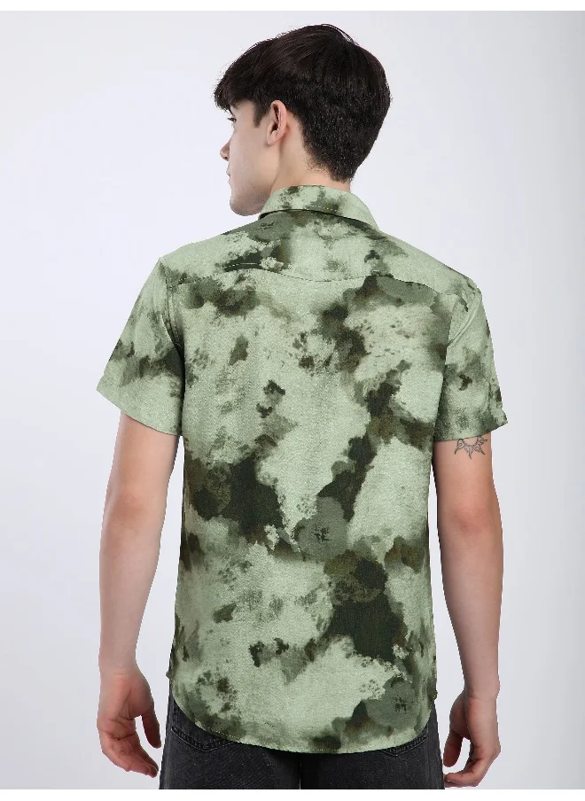 Beyoung Olive Tie and Dye Printed Shirt