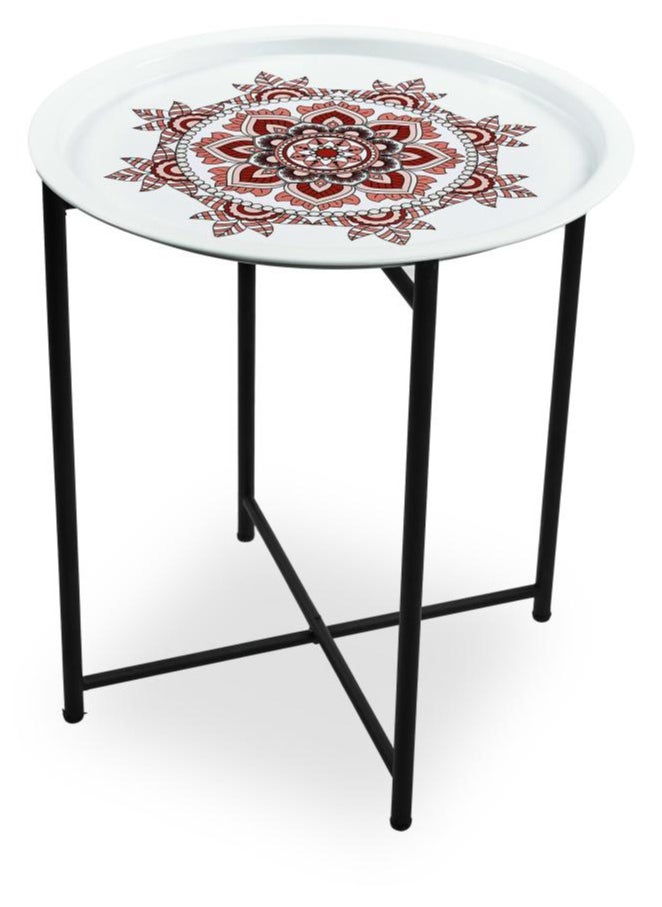 TTTP The Professionals Choice FOLDABLE METAL TABLE CONSISTS OF ROUND TRAY AND BLACK STAND FOR THE LIVING ROOM (DIAMETER 46CM, HEIGHT 51CM) WHITE GEOMETRIC PATTERN COLOR  - Image 1