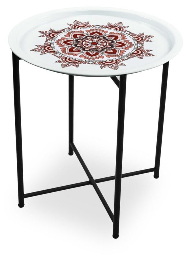 TTTP The Professionals Choice FOLDABLE METAL TABLE CONSISTS OF ROUND TRAY AND BLACK STAND FOR THE LIVING ROOM (DIAMETER 46CM, HEIGHT 51CM) WHITE GEOMETRIC PATTERN COLOR - Image 1