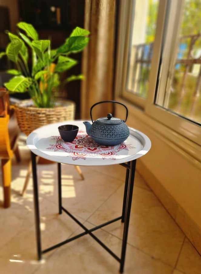 TTTP The Professionals Choice FOLDABLE METAL TABLE CONSISTS OF ROUND TRAY AND BLACK STAND FOR THE LIVING ROOM (DIAMETER 46CM, HEIGHT 51CM) WHITE GEOMETRIC PATTERN COLOR - Image 2