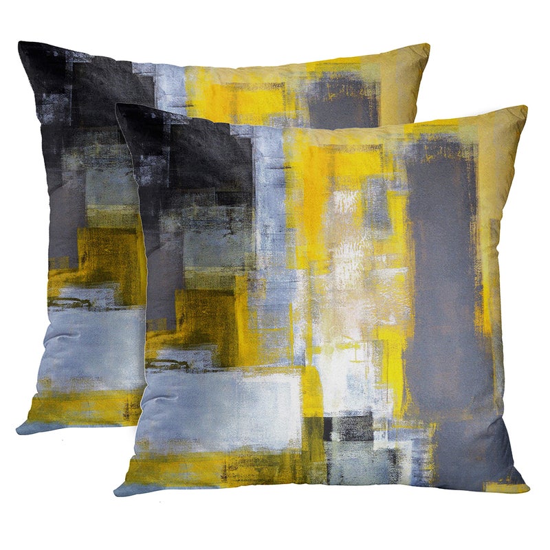 Emvency Emvency Set of 2 Throw Pillow Covers Modern Abstract Painting Yellow White and Black Decorative Pillow Cases Home Decor Standard Square 18x18 Inches Pillowcases