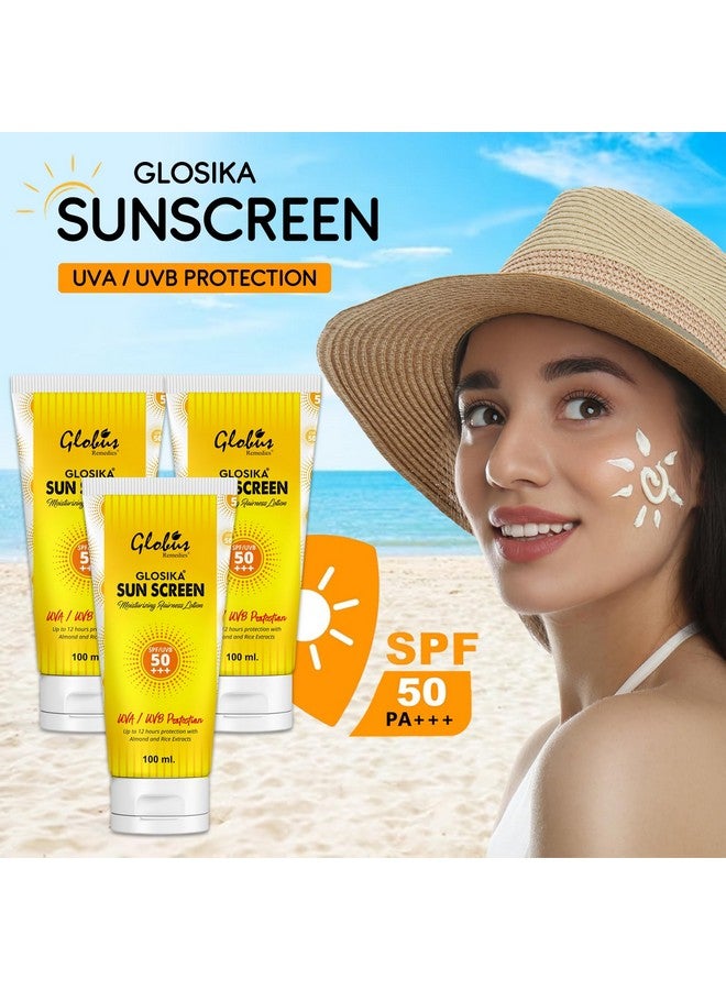 Globus Remedies Glosika Sunscreen Lotion, SPF 50 PA+++ Up to 12hrs Protection with almond & Rose Extract (Pack of 3) - Image 3