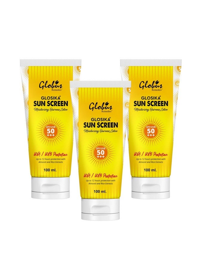 Globus Remedies Glosika Sunscreen Lotion, SPF 50 PA+++ Up to 12hrs Protection with almond & Rose Extract (Pack of 3) - Image 1
