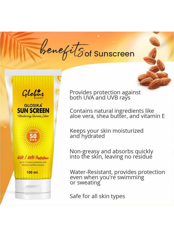 Globus Remedies Glosika Sunscreen Lotion, SPF 50 PA+++ Up to 12hrs Protection with almond & Rose Extract (Pack of 3) - Image 4