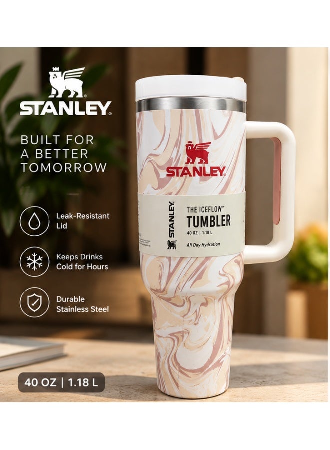 Stanley The IceFlow Tumbler 40 oz / 1.18 L – Stainless Steel Insulated Travel Mug with Leak-Resistant Lid, Handle, and Flip Straw – Pink and Beige Marble Pattern - Image 5