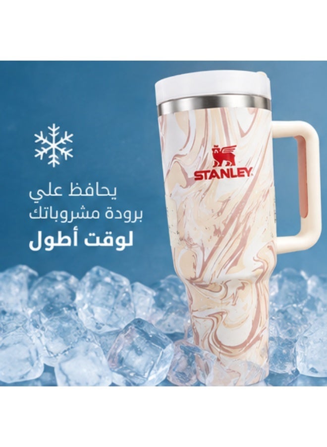 Stanley The IceFlow Tumbler 40 oz / 1.18 L – Stainless Steel Insulated Travel Mug with Leak-Resistant Lid, Handle, and Flip Straw – Pink and Beige Marble Pattern - Image 4