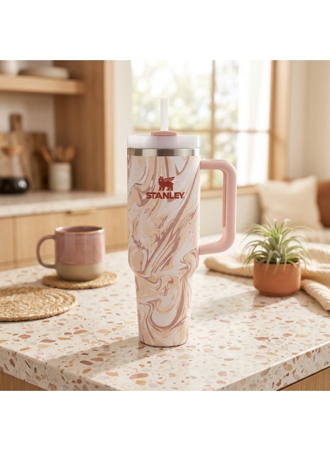 Stanley The IceFlow Tumbler 40 oz / 1.18 L – Stainless Steel Insulated Travel Mug with Leak-Resistant Lid, Handle, and Flip Straw – Pink and Beige Marble Pattern - Image 2