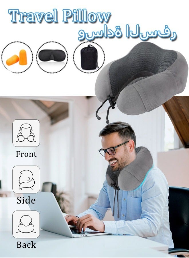 Travel Pillow Airplane Neck Pillow With Eye Mask Ear Plug Storage Bag Neck & Head Support Pillow Memory Foam Neck Pillow Suitable for Sleeping Airplane Car Office and Home （Grey) - Image 1