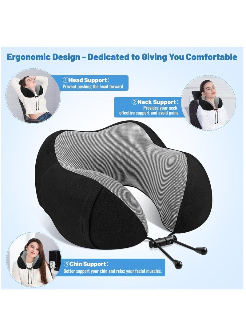 Travel Pillow Airplane Neck Pillow With Eye Mask Ear Plug Storage Bag Neck & Head Support Pillow Memory Foam Neck Pillow Suitable for Sleeping Airplane Car Office and Home （Grey) - Image 2
