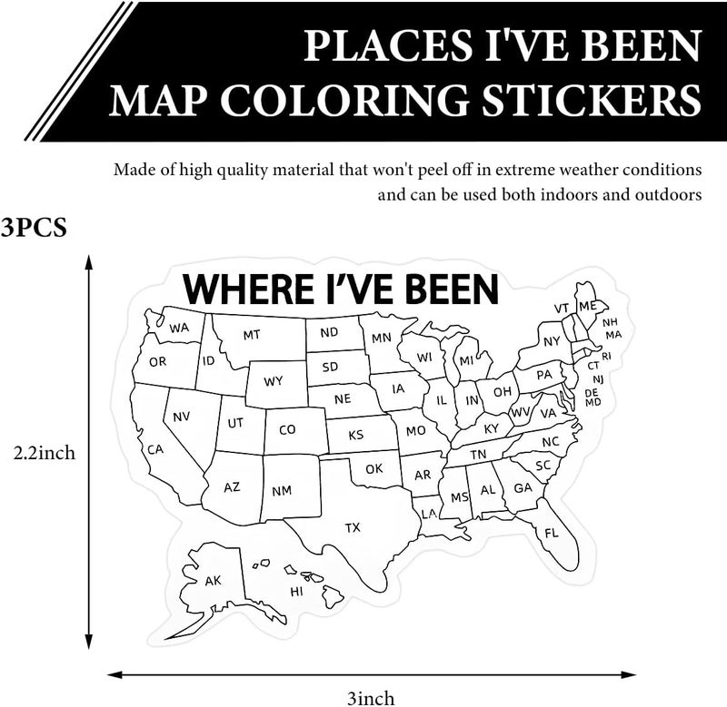 FSTURIOS 3PCS Where I've Been Map Vinyl Coloring Sticker, 3" Waterproof Decal Visited United States Map Decals, UV-Protected USA Travel Map Bumper Sticker for Trailer RV Car Truck - Image 2