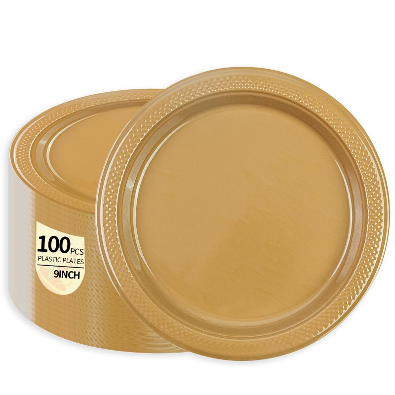 LDFDRT Gold Plastic Plates 100 pcs Party Dessert Dinner Plates Disposable Heavy Duty for PartyWeddingValentines 9inch