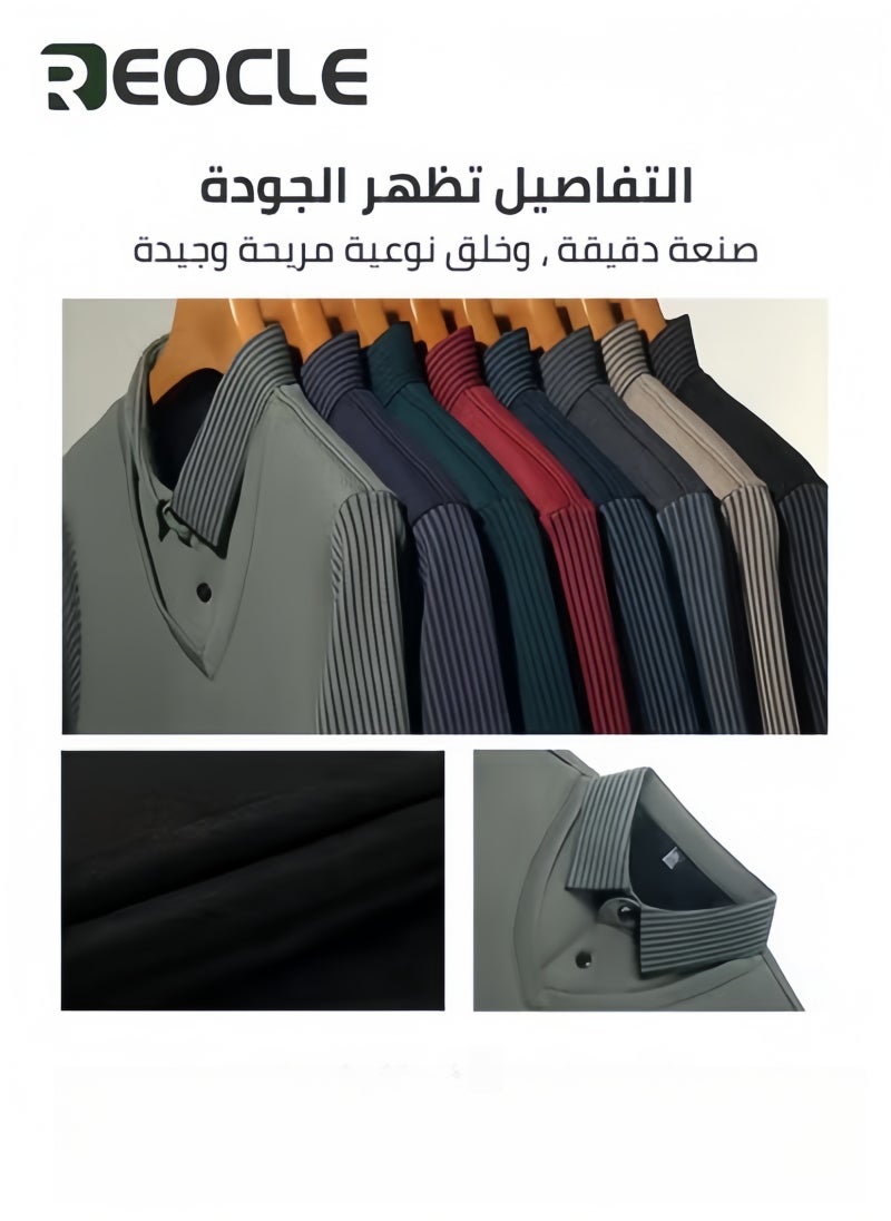 REOCLE Men's Long-Sleeved Warm Shirt Fall Winter Striped Knitted Shirt Casual & Formal Fit Shirt Fake Two-Piece Shirt - Image 5
