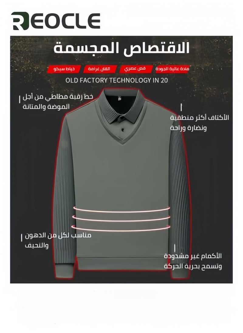 REOCLE Men's Long-Sleeved Warm Shirt Fall Winter Striped Knitted Shirt Casual & Formal Fit Shirt Fake Two-Piece Shirt - Image 3