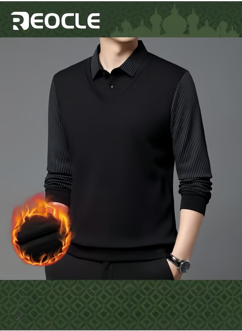 REOCLE Men's Long-Sleeved Warm Shirt Fall Winter Striped Knitted Shirt Casual & Formal Fit Shirt Fake Two-Piece Shirt - Image 1