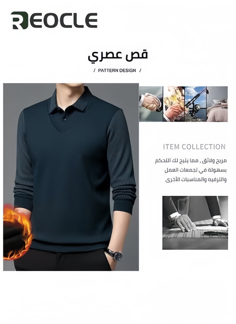 REOCLE Men's Long-Sleeved Warm Shirt Fall Winter Striped Knitted Shirt Casual & Formal Fit Shirt Fake Two-Piece Shirt - Image 2