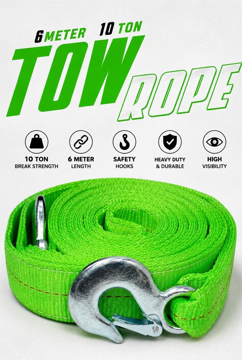 FAJ 10 Ton Tow Rope 6M Heavy Duty Recovery Strap with Safety Hooks for Car SUV Truck Emergency Vehicle Towing. - Image 1
